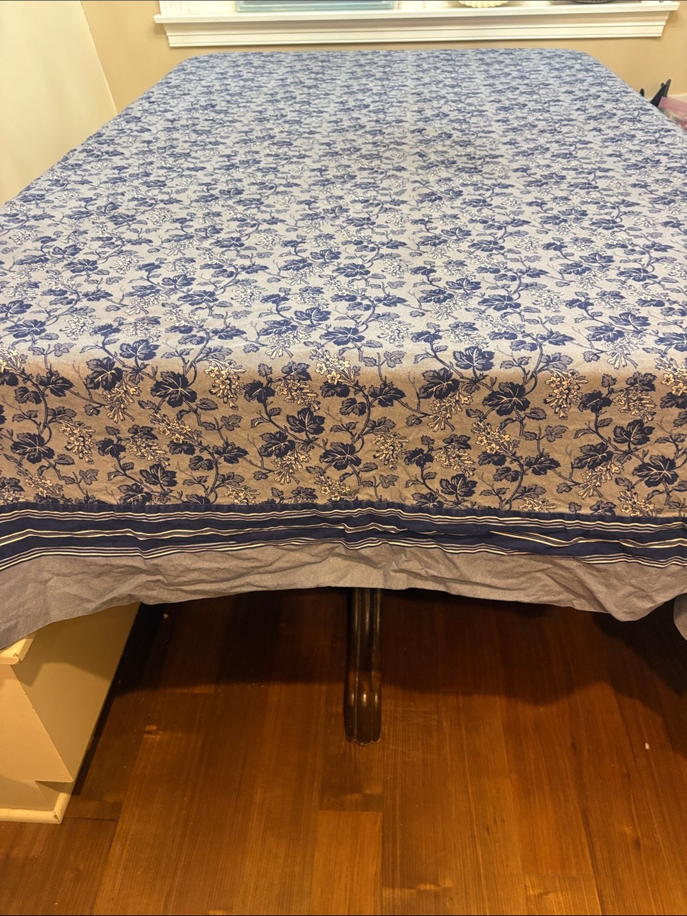 Vintage Blue Floral Vines Tablecloth Large Cotton Knit Striped Border Cottage